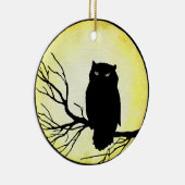 怖いビンテージのフクロウと黄色の水彩の月 セラミックオーナメント (右)