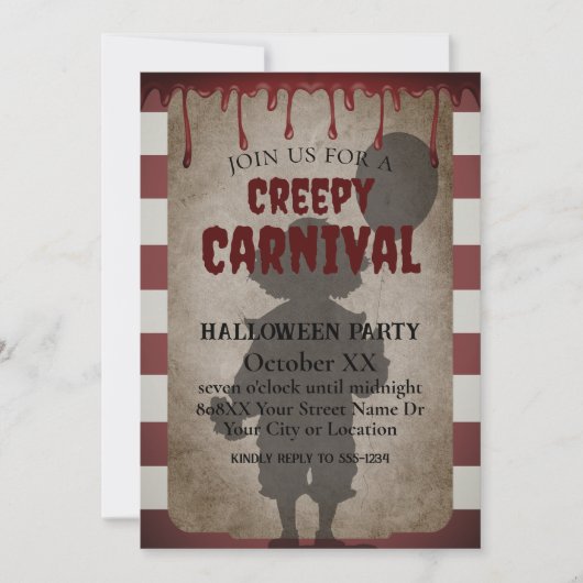 怖いピエロシャドー怖いカーニバルハローウィンパーティ 招待状 (正面)