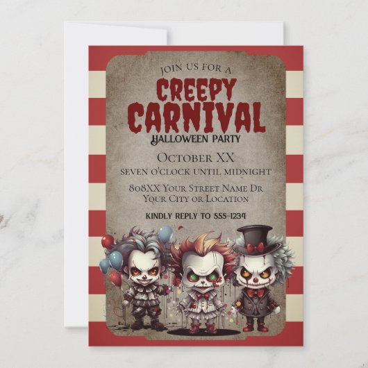 怖いピエロハロウィーンカーニバルパーティー 招待状 (正面)