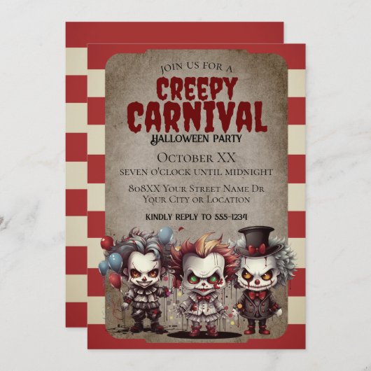 怖いピエロハロウィーンカーニバルパーティー 招待状 (正面/裏面)
