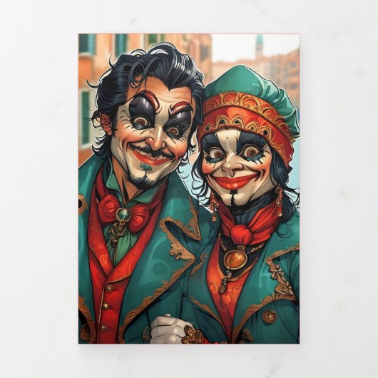 怖いベネチアンハロウィーンの風刺画パーティー 三つ折り招待状 (カバー)