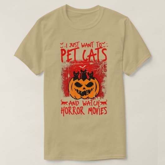 怖いホラー映画を見て猫を飼いたい Tシャツ (デザイン正面)