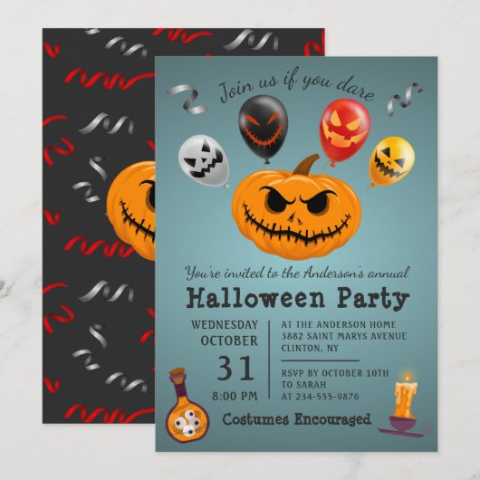 怖いモンスターかぼちゃ風船ハロウィンパーティー 招待状 (正面/裏面)