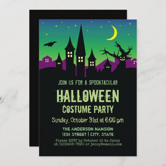 怖い不気味な幽霊のよく出るハウスハロウィーンの衣装パーティー 招待状 (正面/裏面)