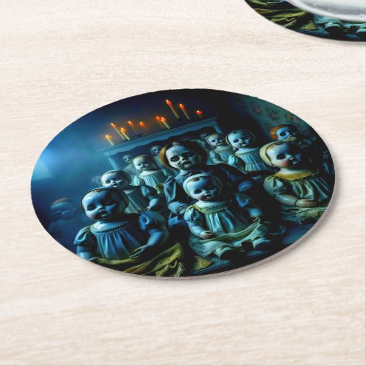 怖い人形の群幽霊のよく出るれ！コースター ラウンドペーパーコースター (アングル)