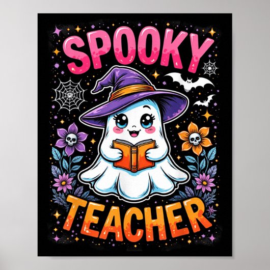 怖い先生かわいい幽霊本を読む面白いハロウィン ポスター (正面)
