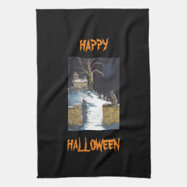 怖い可愛いハロウィン幽霊のよく出るハウスキャット キッチンタオル