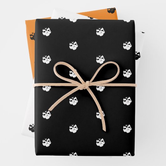 怖い可愛い黒オレンジの白いスカルハロウィーン ラッピングペーパーシート (インサイチュ)