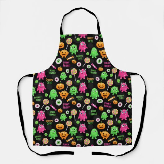 「怖い可愛い」モンスターとハロウィンおもしろいシームレス エプロン (正面)