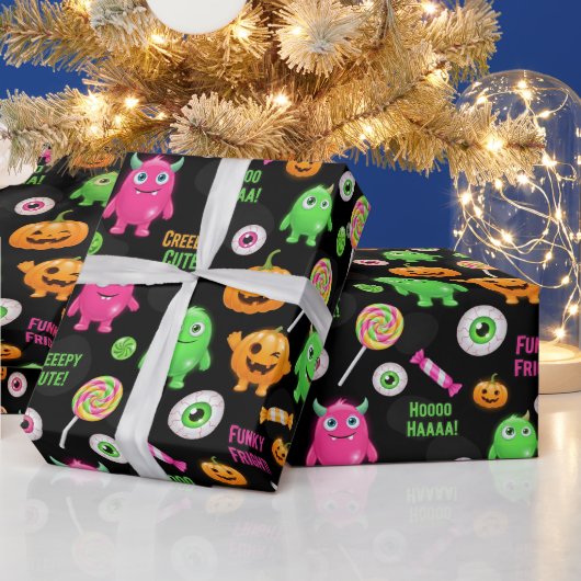 「怖い可愛い」モンスターとハロウィンおもしろいシームレス ラッピングペーパー (クリスマス)