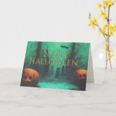 怖い墓地と彫刻のカボチャ ハロウィン カード (黄色い花)