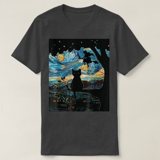 怖い夜の猫のハロウィーン、星空の夜の猫のヴァン行く Tシャツ (デザイン正面)