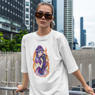 怖い女の子と猫が燃えている Tシャツ