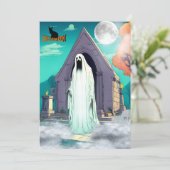 怖い幽霊が墓地でハロウィンに立っている シーズンカード (スタンド正面)