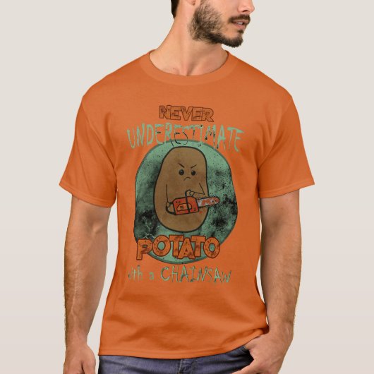 怖い怒ったポテトのチェーンソーホラー映画ファンH Tシャツ (正面)
