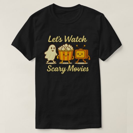 怖い映画を見よう幽霊ハロウィーンかわいい Tシャツ (デザイン正面)