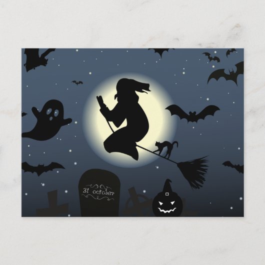 怖い暗いハロウィンの夜と魔女 シーズンポストカード (正面)