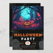 怖い森とジャック・オ・ランタンブラック・ハロウィーン 招待状 (正面/裏面)