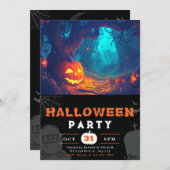怖い森とジャック・オ・ランタンブラック・ハロウィーン 招待状 (正面/裏面)