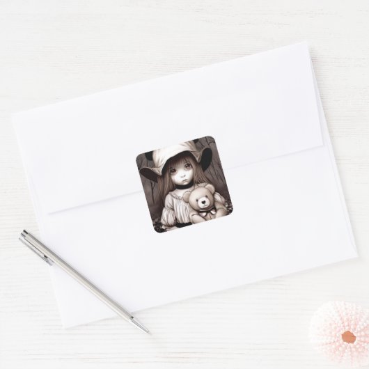 怖い森の中でテディベアと小さな女の子 スクエアシール (封筒)