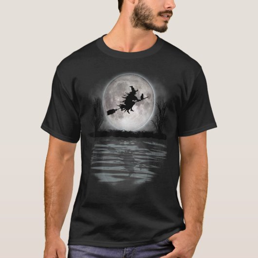 怖い満月の魔女乗馬箒黒猫ハロ Tシャツ (正面)