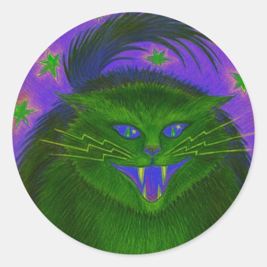怖い猫のグリーンラウンドステッカー ラウンドシール (正面)