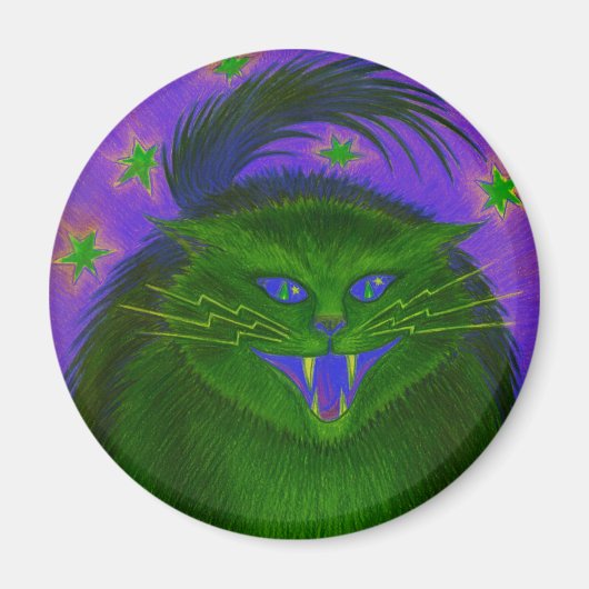 怖い猫グリーン冷蔵庫用マグネットラウンド マグネット (正面)