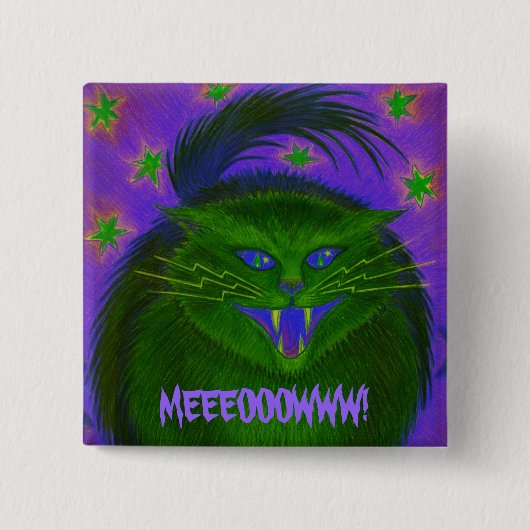怖い猫グリーン「MEEOOWW!」ボタン 缶バッジ (正面)
