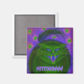 怖い猫グリーン「MEEOOWW!」冷蔵庫用マグネット マグネット (正面/裏面)