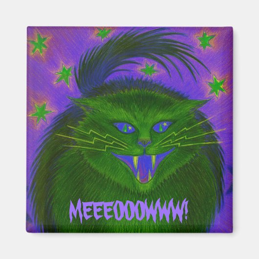 怖い猫グリーン「MEEOOWW!」冷蔵庫用マグネット マグネット (正面)