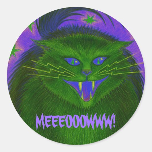 怖い猫グリーンMEEOOWW! ラウンドシール (正面)
