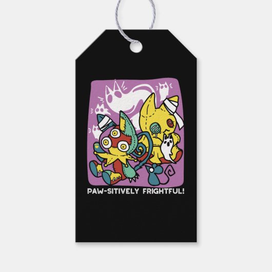 怖い猫ハロウィーンのアートを見ながら歩く ギフトタグ (正面)