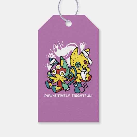 怖い猫ハロウィーンのアートを見ながら歩く ギフトタグ (正面)