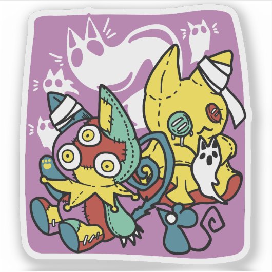 怖い猫ハロウィーンのアートを見ながら歩く シール (正面)