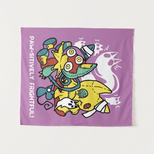 怖い猫ハロウィーンのアートを見ながら歩く タペストリー (正面(横))