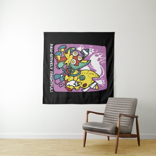 怖い猫ハロウィーンのアートを見ながら歩く タペストリー (インサイチュ(横))