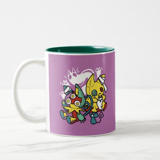 怖い猫ハロウィーンのアートを見ながら歩く ツートーンマグカップ (左)