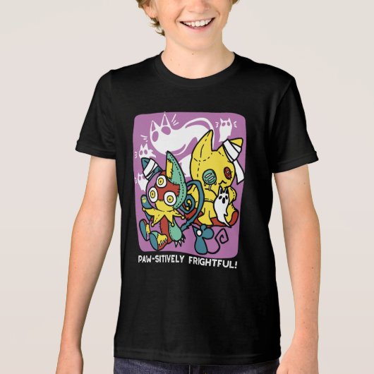 怖い猫ハロウィーンのアートを見ながら歩く トライブレンドTシャツ (正面)