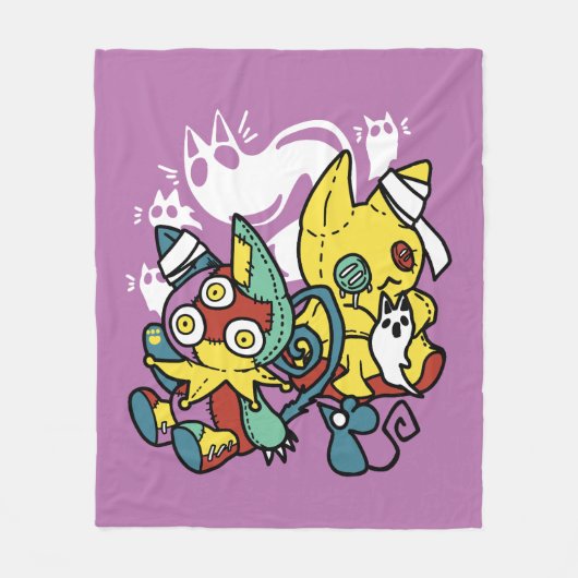 怖い猫ハロウィーンのアートを見ながら歩く フリースブランケット (正面)