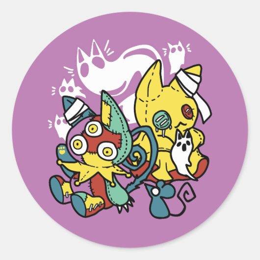 怖い猫ハロウィーンのアートを見ながら歩く ラウンドシール (正面)