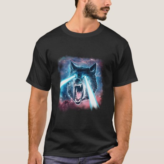 怖い白い狼宇宙レーザー現実的な動物 Tシャツ (正面)