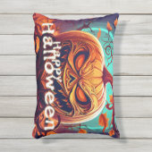 怖い見たオレンジ色のカボチャと顔、ハロウィーン アウトドアクッション (正面(縦))