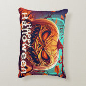 怖い見たオレンジ色のカボチャと顔、ハロウィーン アクセントクッション (裏面(縦))