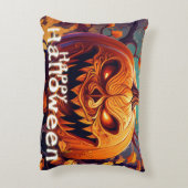 怖い見たオレンジ色のカボチャと顔、ハロウィーン アクセントクッション (裏面(縦))