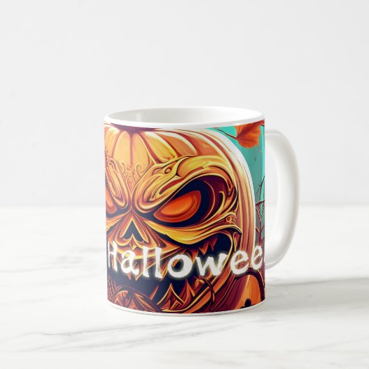 怖い見たオレンジ色のカボチャと顔、ハロウィーン コーヒーマグカップ (正面右)