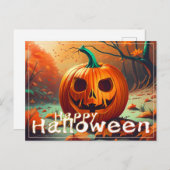 怖い見たオレンジ色のカボチャと顔、ハロウィーン シーズンポストカード (正面/裏面)