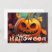 怖い見たオレンジ色のカボチャと顔、ハロウィーン シーズンポストカード (正面/裏面)