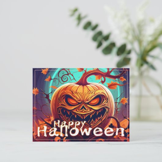 怖い見たオレンジ色のカボチャと顔、ハロウィーン シーズンポストカード (スタンド正面)