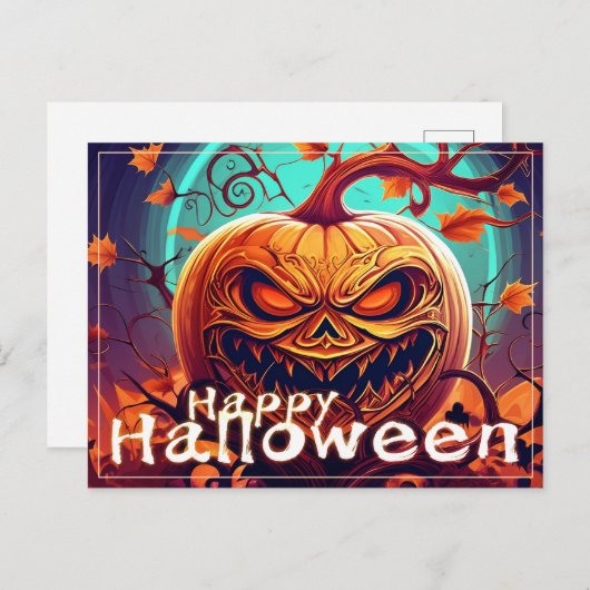 怖い見たオレンジ色のカボチャと顔、ハロウィーン シーズンポストカード (正面/裏面)