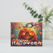 怖い見たオレンジ色のカボチャと顔、ハロウィーン シーズンポストカード (スタンド正面)